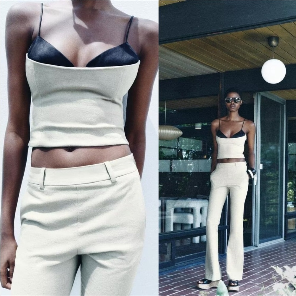 Zara Contrast Satin Strap Black & Tan Two-Tone Crop Tank Top XL